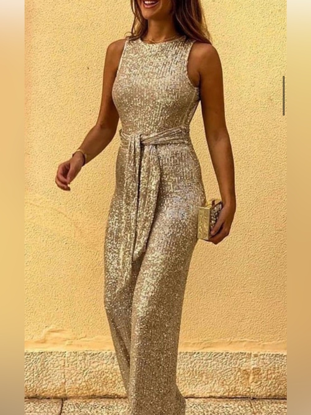 Boutique Evening Gold Sequin Sleeveless Jumpsuit with Waist Tie &  Open Back